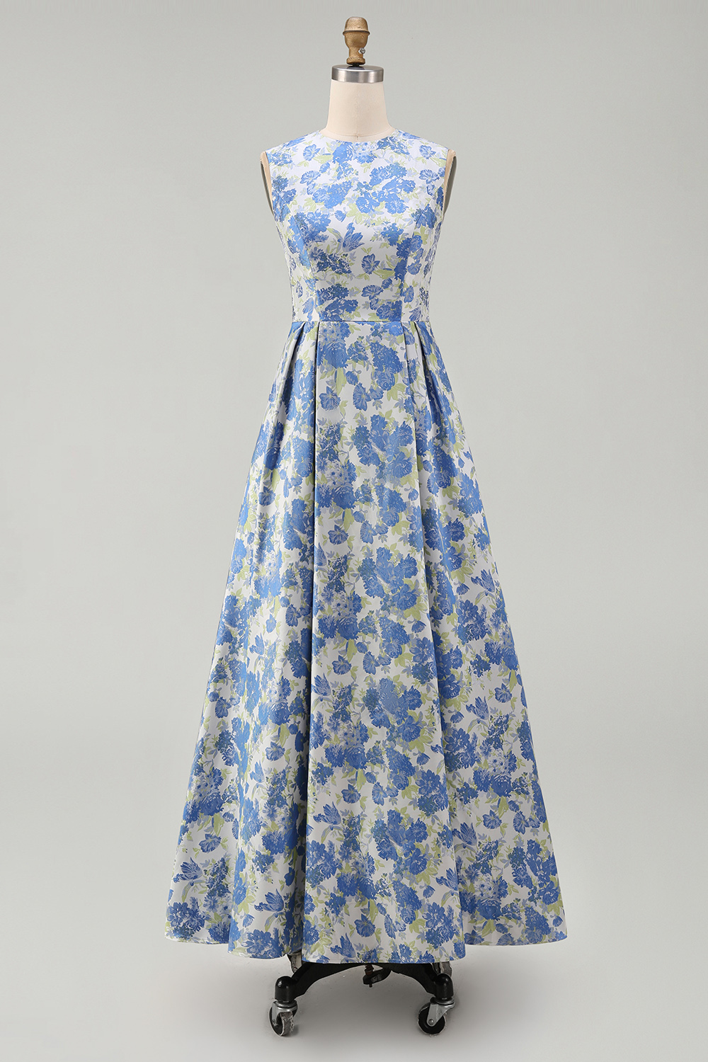 Floral Blue Daffodil A Line Round Neck Long Satin Formal Dress