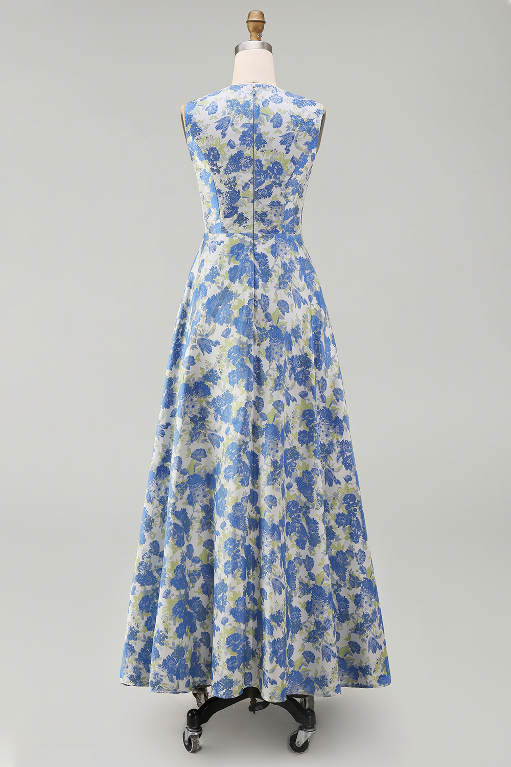 Floral Blue Daffodil A Line Round Neck Long Satin Formal Dress