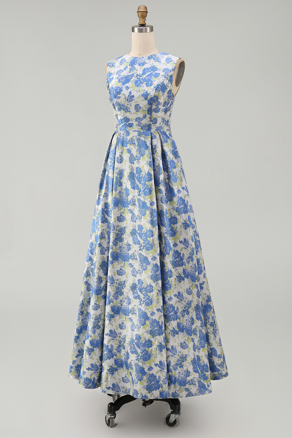 Floral Blue Daffodil A Line Round Neck Long Satin Formal Dress