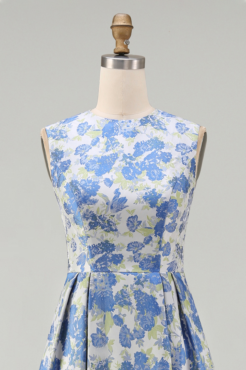 Floral Blue Daffodil A Line Round Neck Long Satin Formal Dress