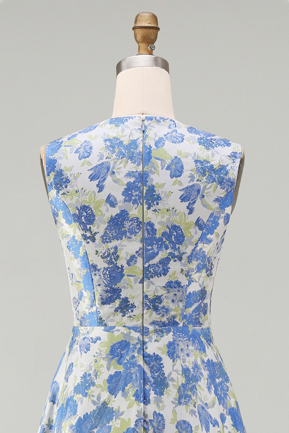 Floral Blue Daffodil A Line Round Neck Long Satin Formal Dress