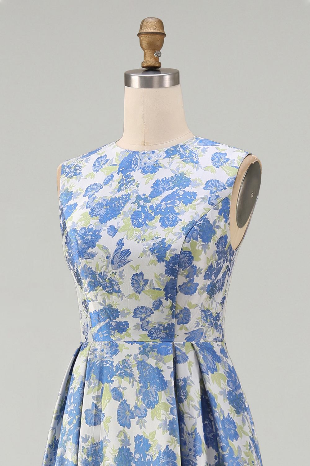 Floral Blue Daffodil A Line Round Neck Long Satin Formal Dress