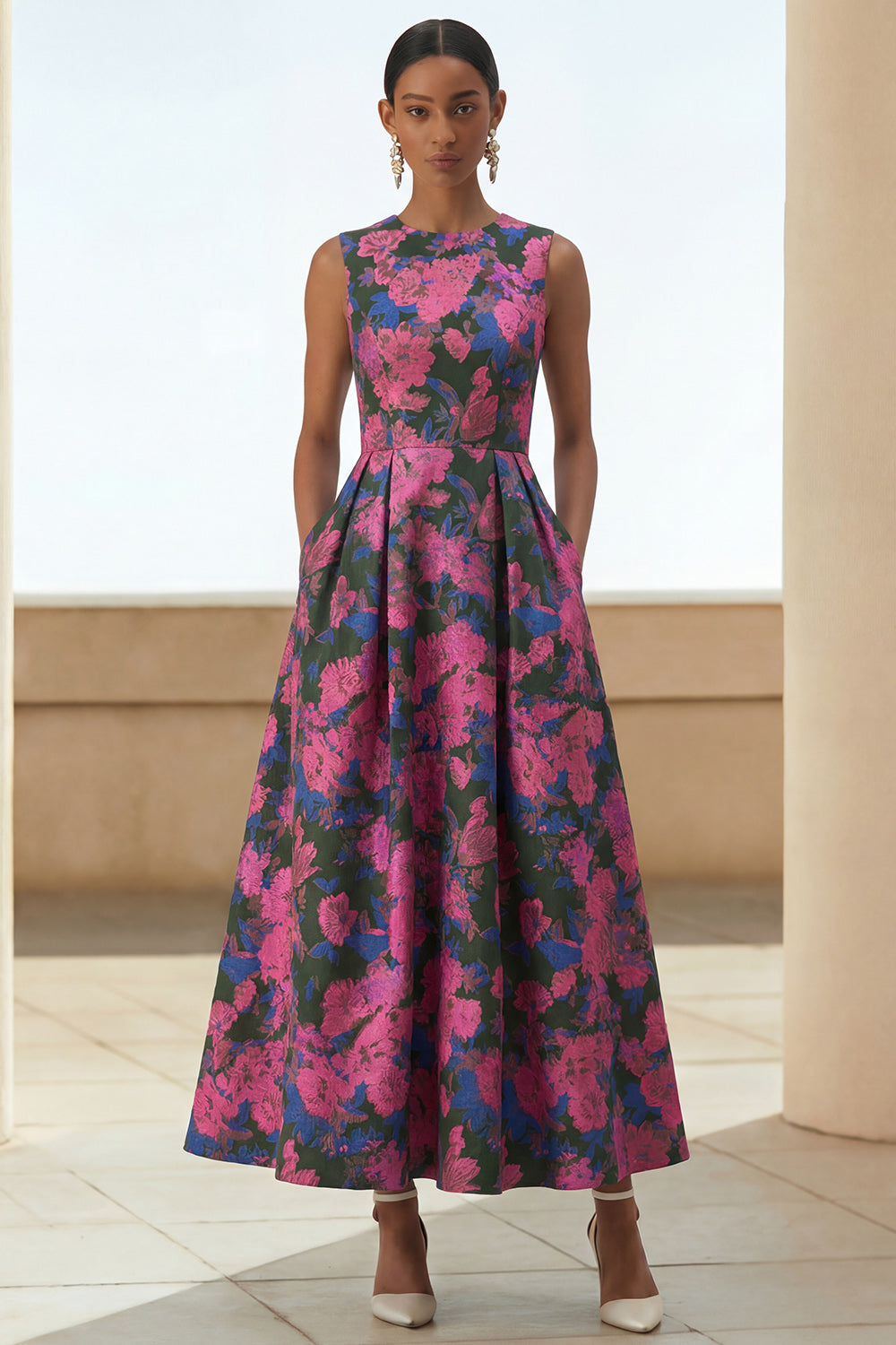 Floral Fuchsia A Line Round Neck Long Formal Dress with Pockets