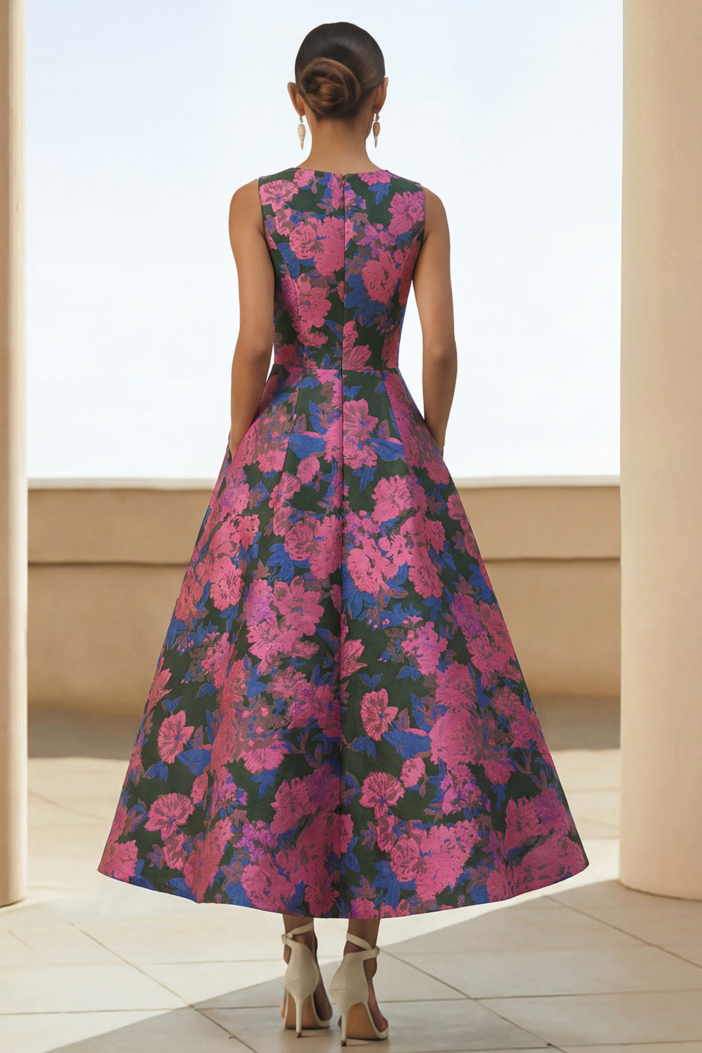 Floral Fuchsia A Line Round Neck Long Formal Dress with Pockets