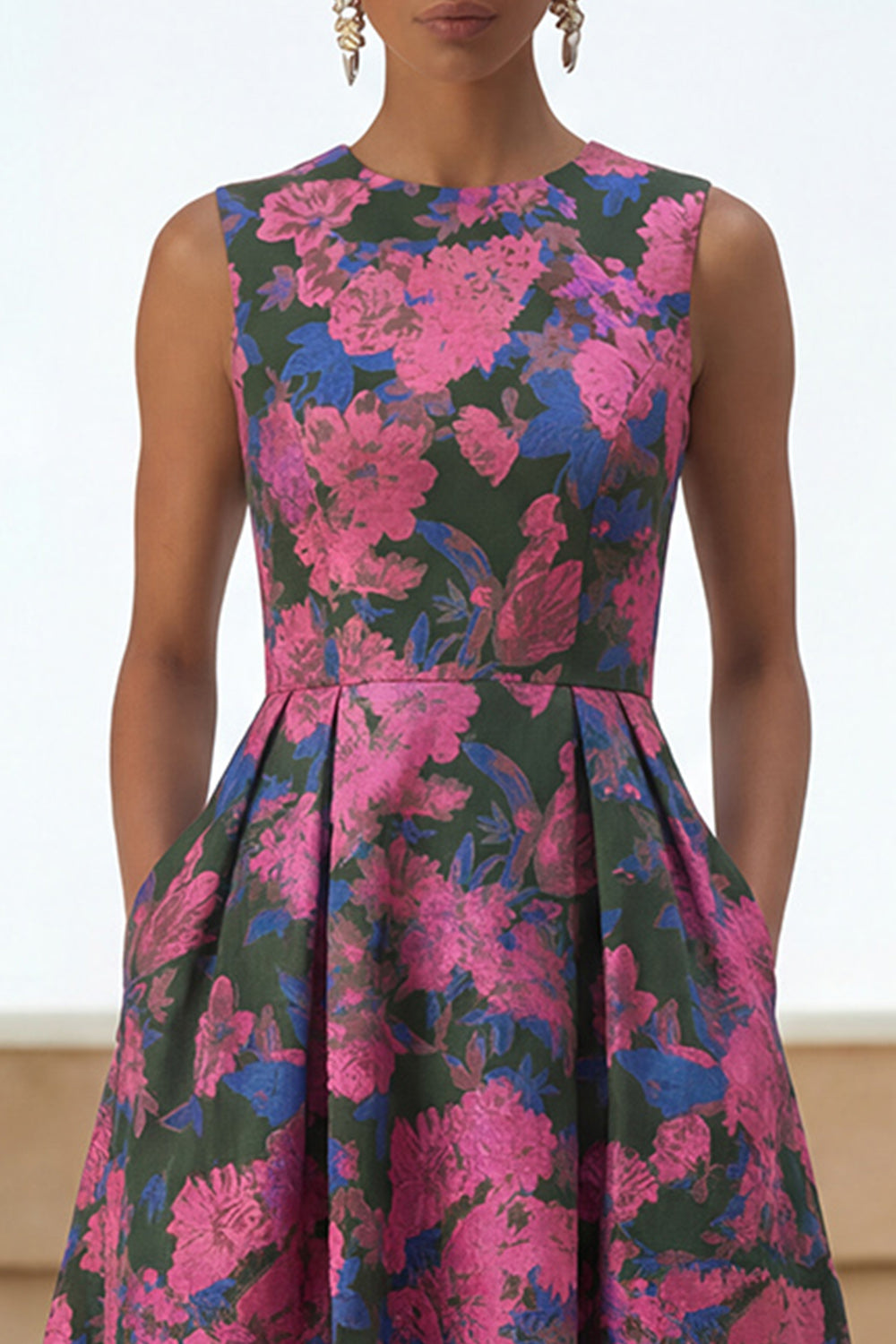 Floral Fuchsia A Line Round Neck Long Formal Dress with Pockets