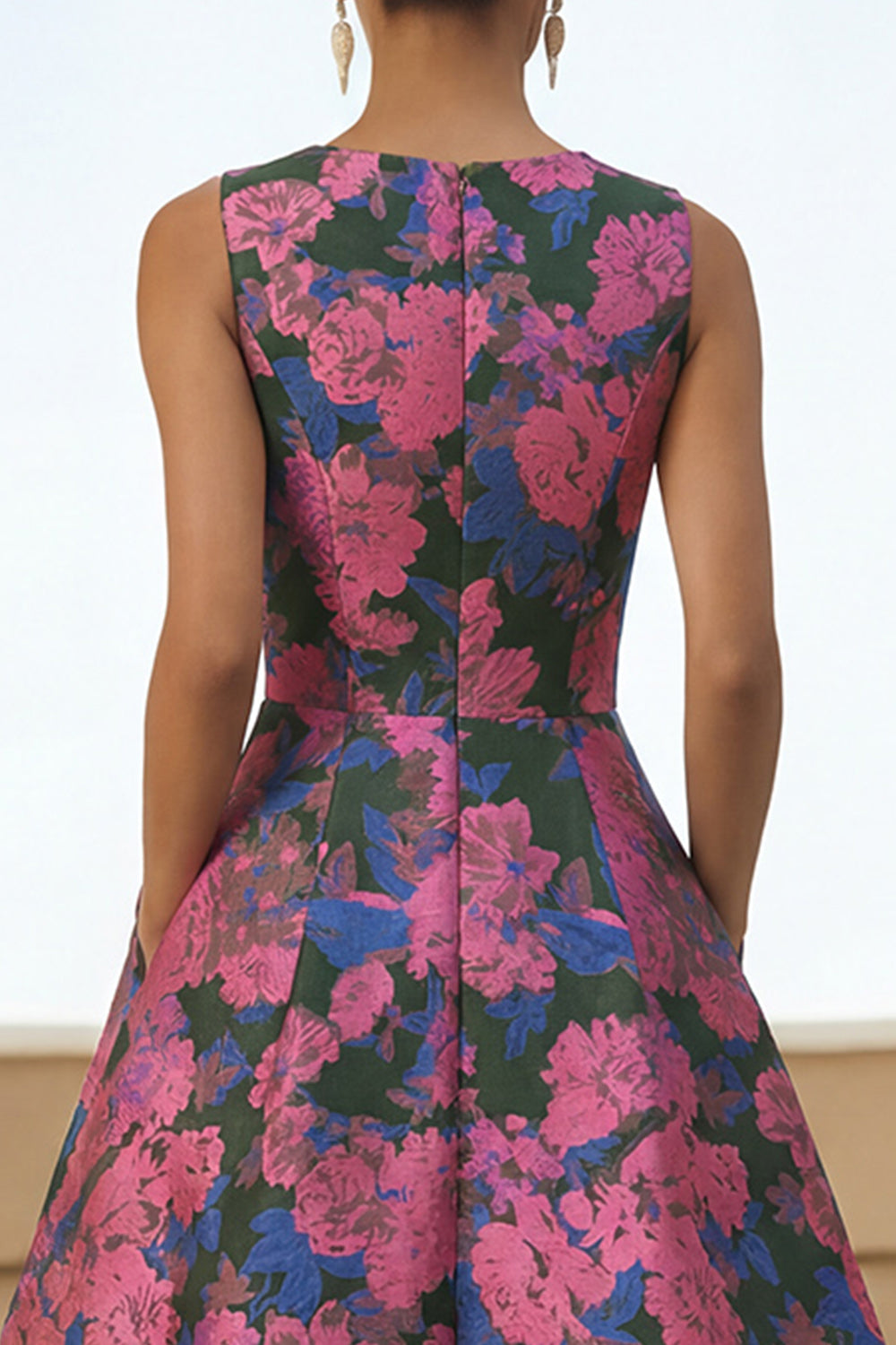 Floral Fuchsia A Line Round Neck Long Formal Dress with Pockets