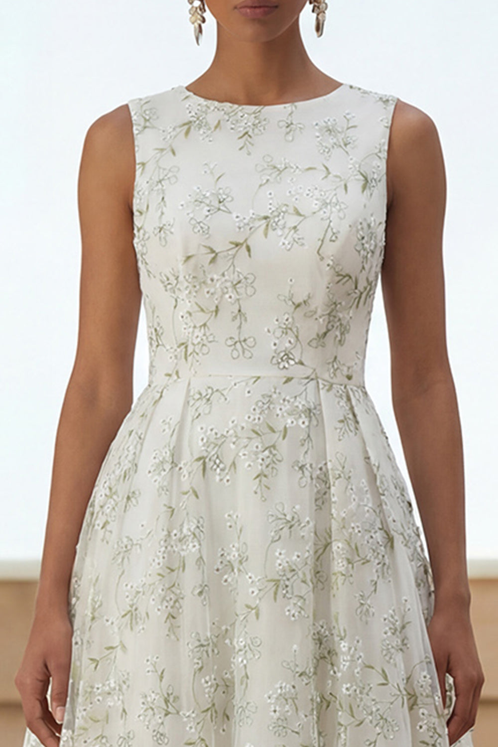 Light Green Tulle A Line Round Neck Long Floral Formal Dress