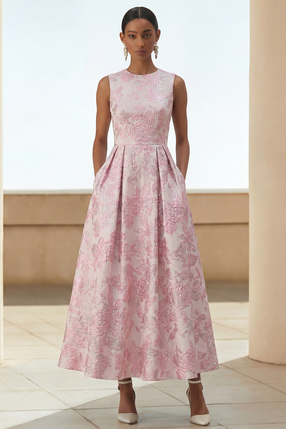 Floral Ivory Pink Long Formal Dress with Pockets Jacquacd A Line Round Neck Wedding Guest Dress