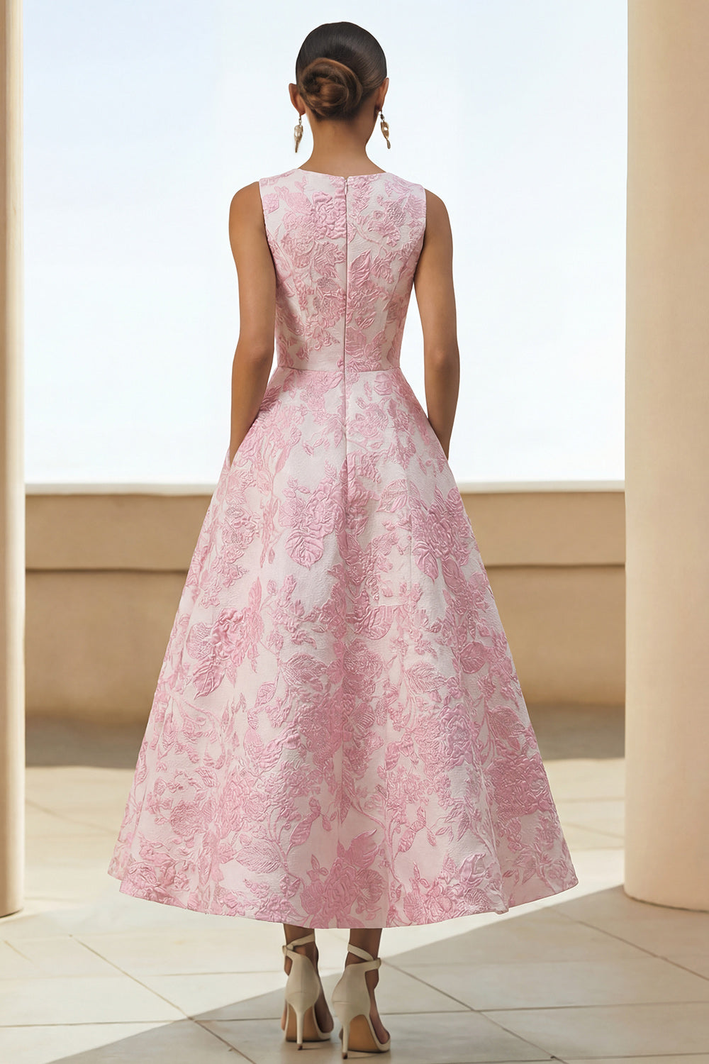 Floral  Pink A Line Jacquard Long Formal Dress with Pockets