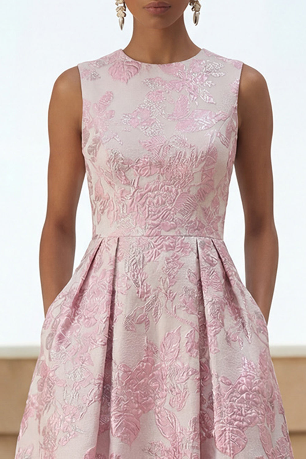 Floral  Pink A Line Jacquard Long Formal Dress with Pockets