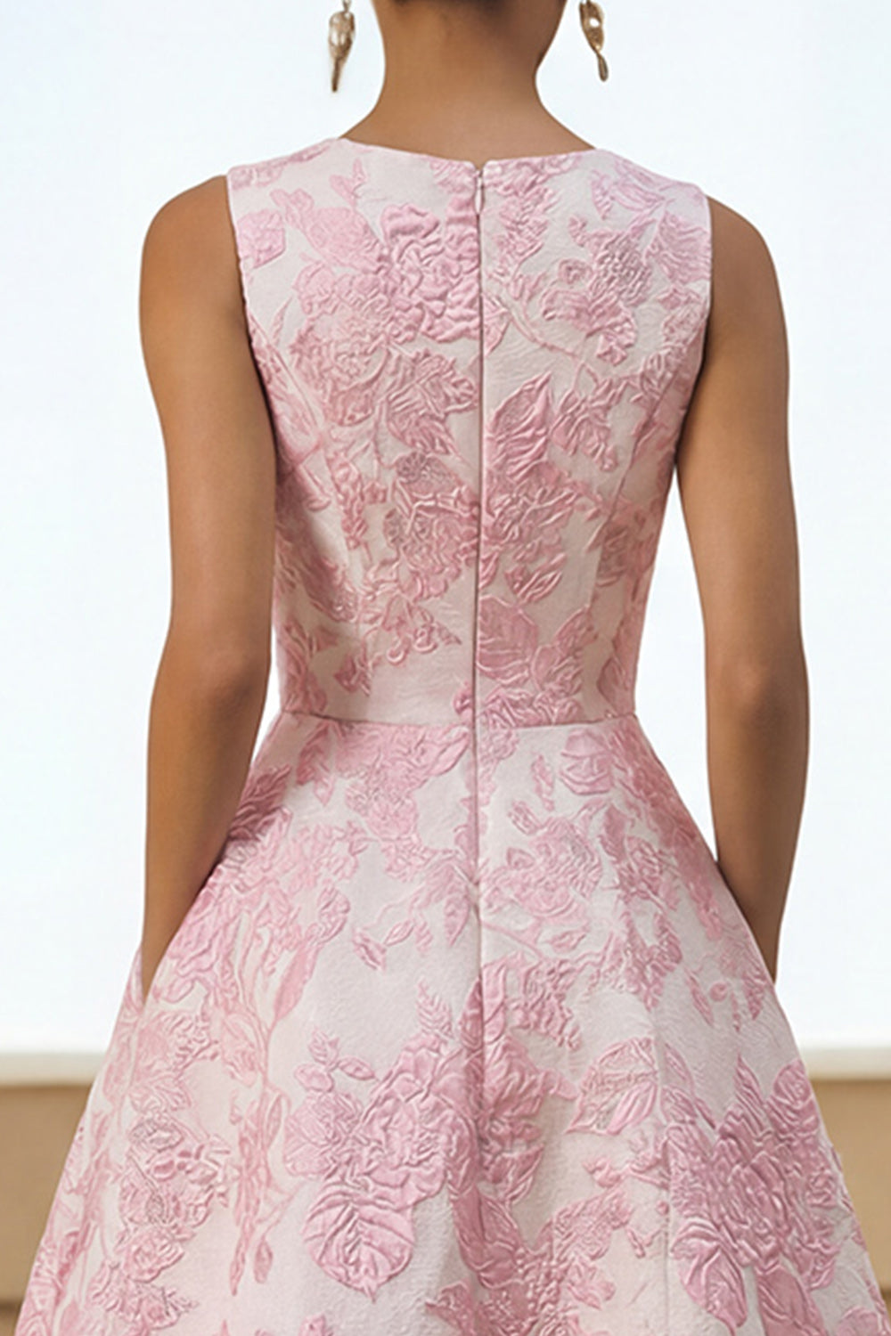 Floral  Pink A Line Jacquard Long Formal Dress with Pockets