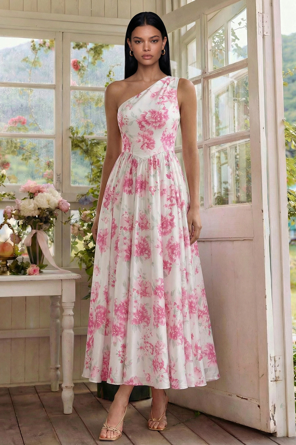 White Fuchsia One Shoulder A Line Long Floral Formal Dress