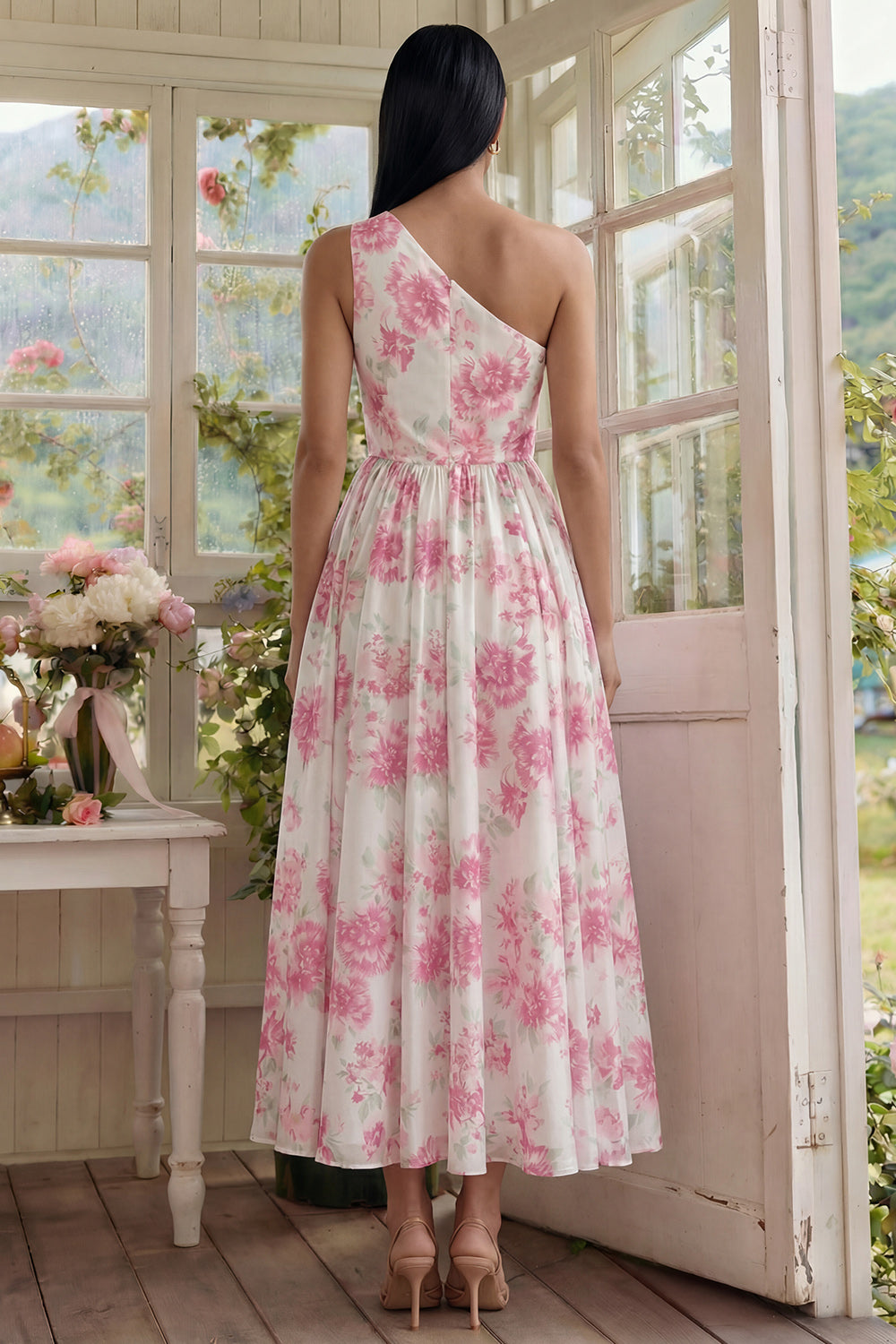 White Fuchsia One Shoulder A Line Long Floral Formal Dress