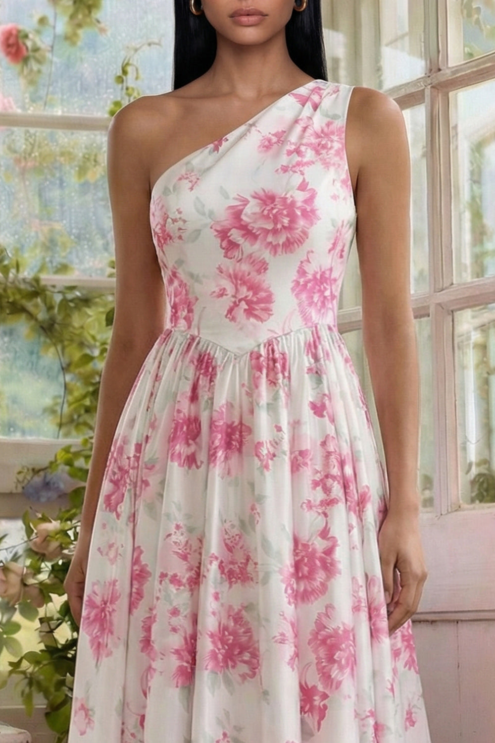 White Fuchsia One Shoulder A Line Long Floral Formal Dress