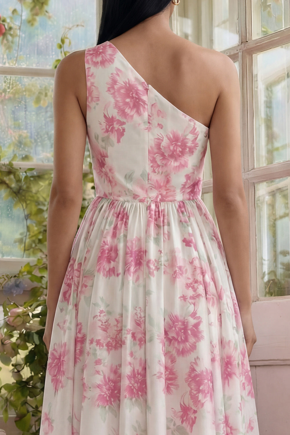 White Fuchsia One Shoulder A Line Long Floral Formal Dress