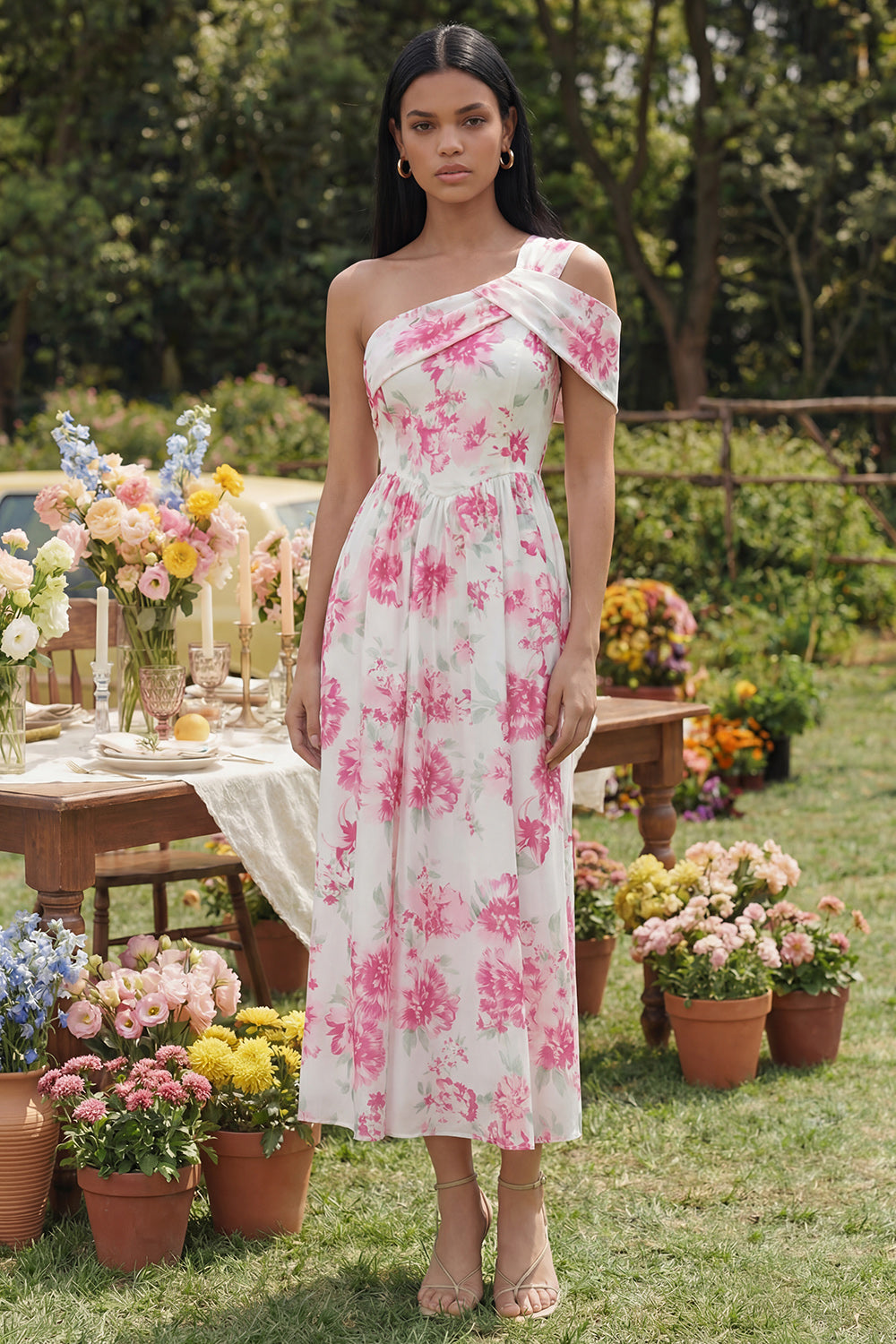 Floral White Fuchsia One Shoulder A Line Long Chiffon Formal Dress