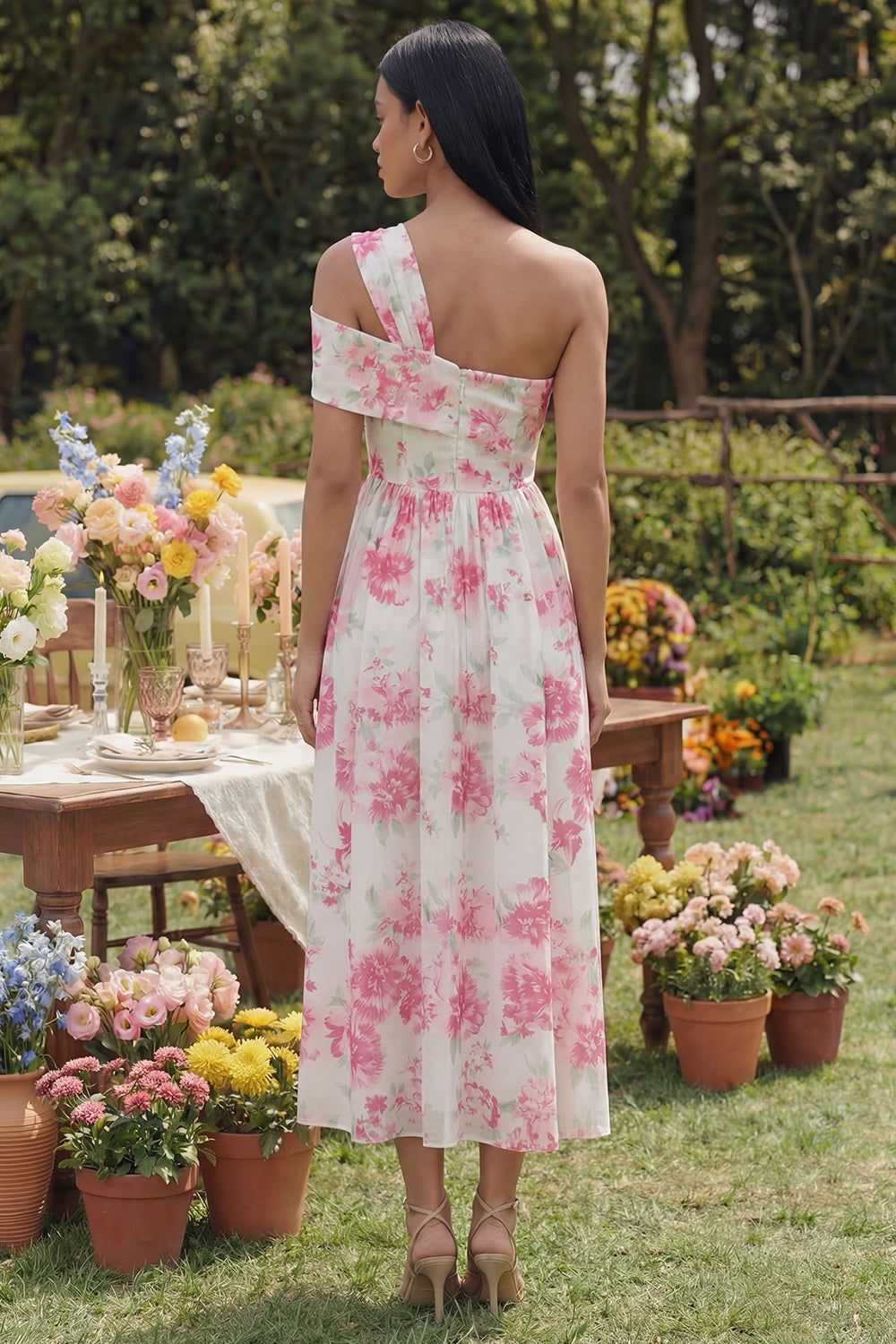 Floral White Fuchsia One Shoulder A Line Long Chiffon Formal Dress