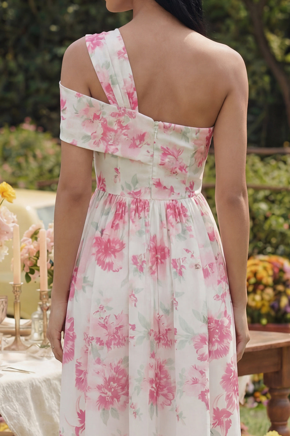 Floral White Fuchsia One Shoulder A Line Long Chiffon Formal Dress