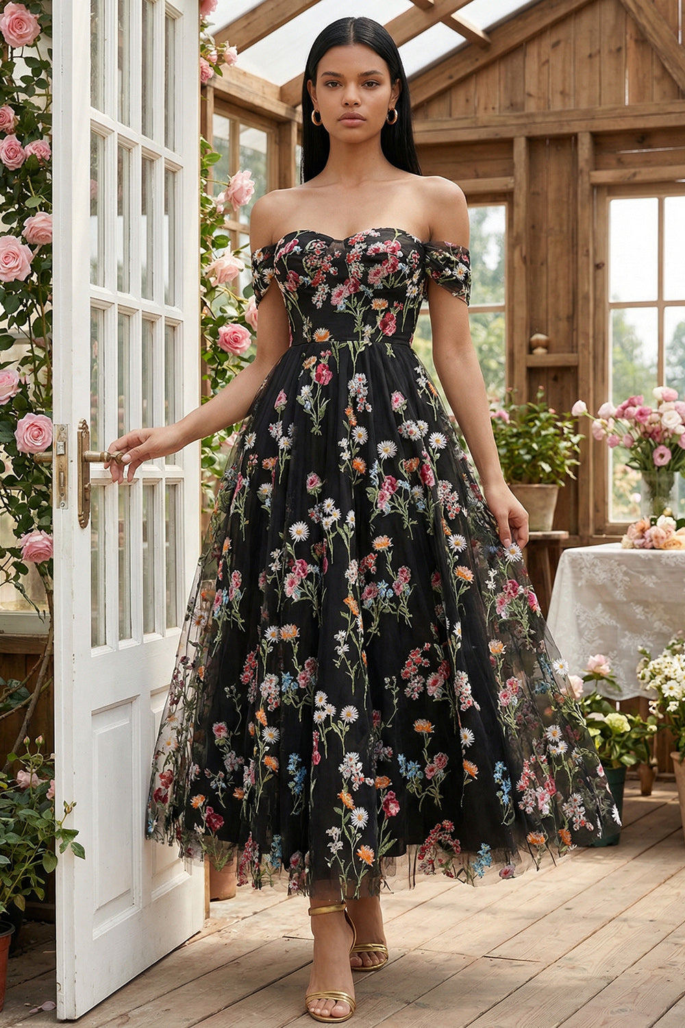 Floral Black Tulle Off the Shoulder A Line Long Formal Dress