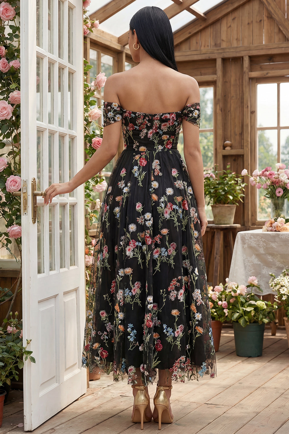 Floral Black Tulle Off the Shoulder A Line Long Formal Dress