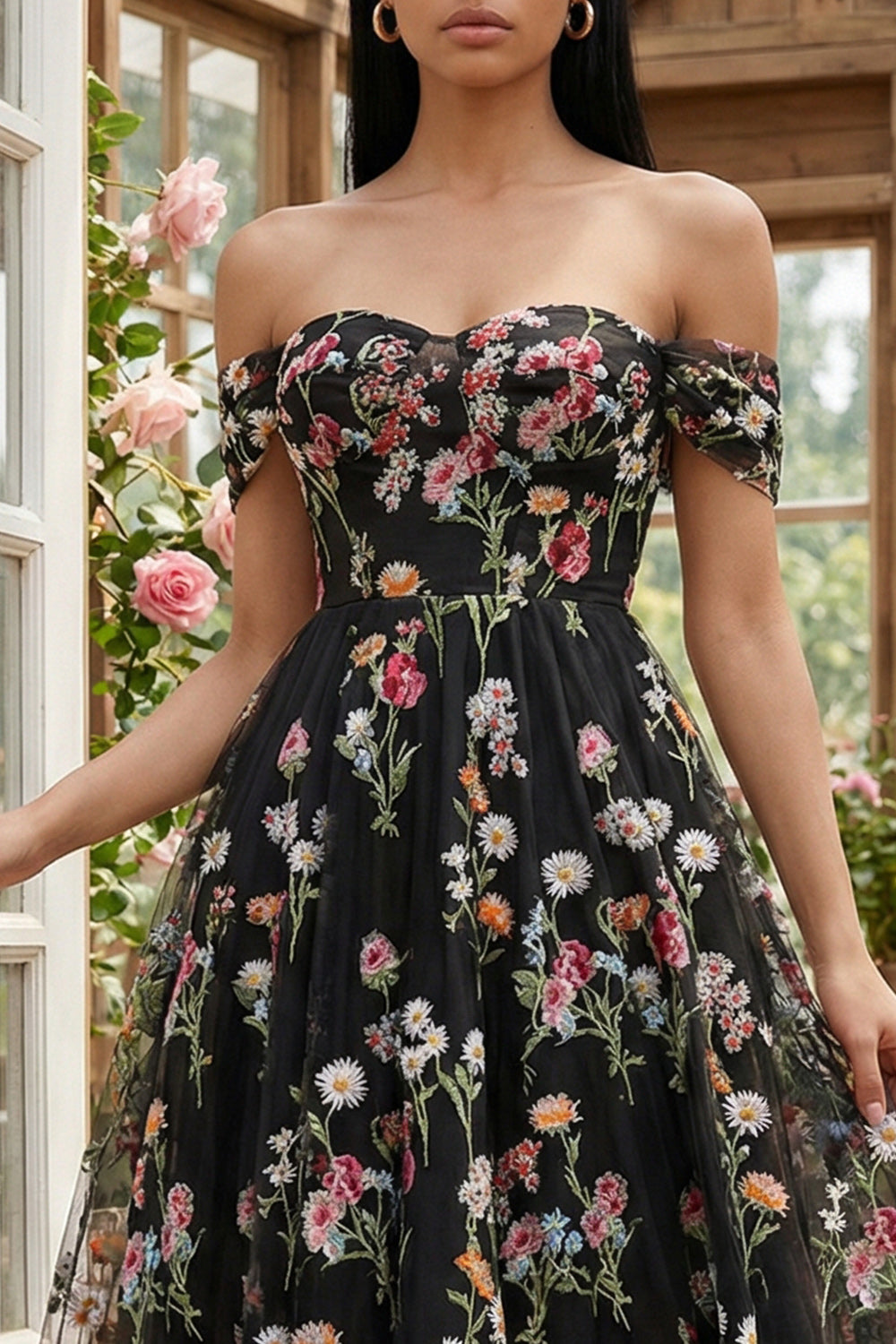 Floral Black Tulle Off the Shoulder A Line Long Formal Dress