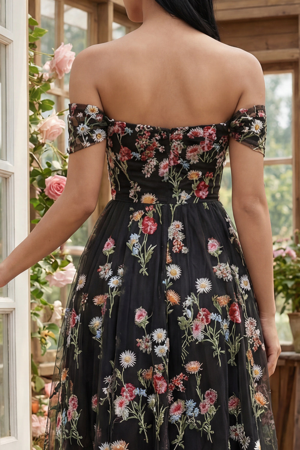 Floral Black Tulle Off the Shoulder A Line Long Formal Dress