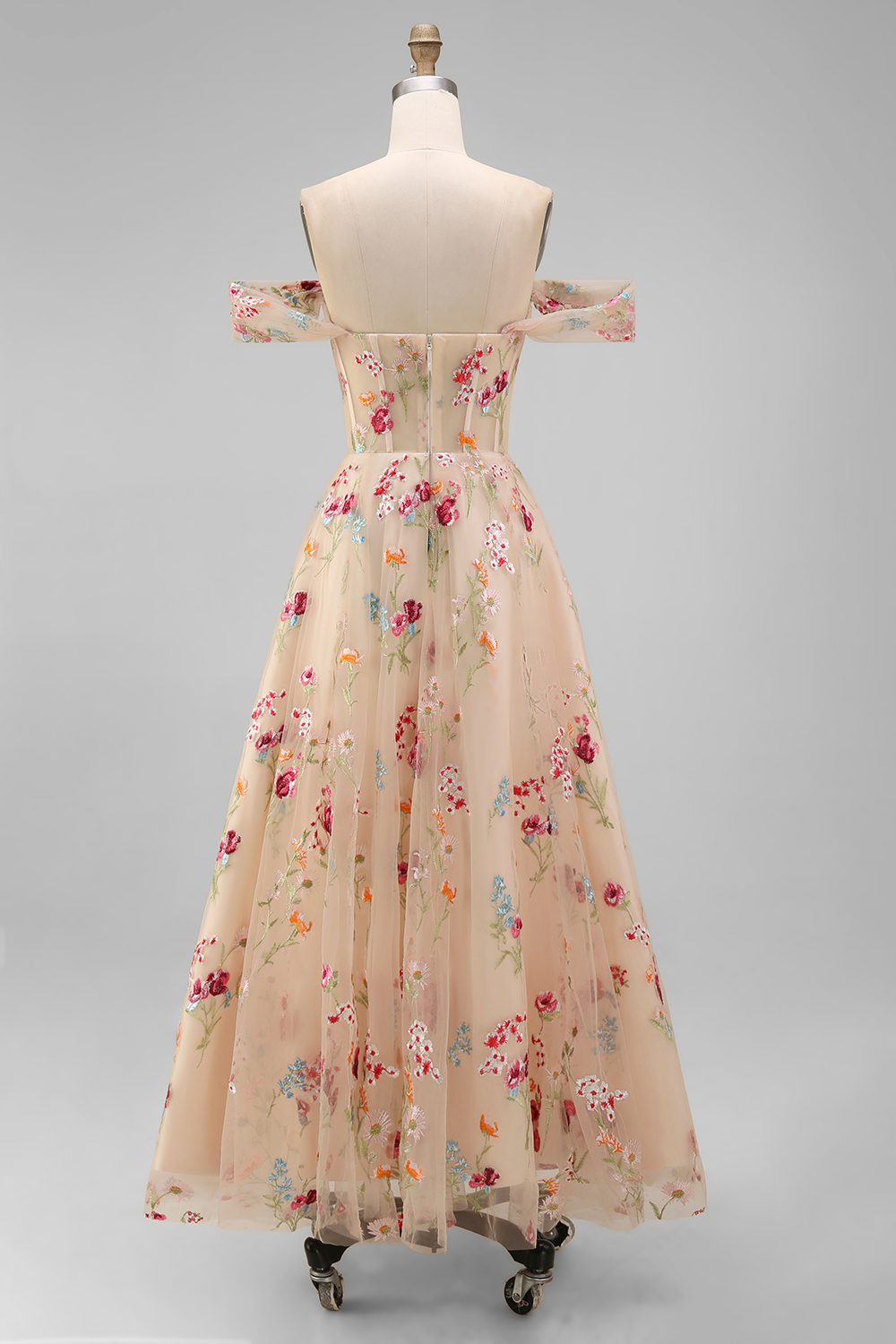 Floral Black Tulle Off the Shoulder A Line Long Formal Dress