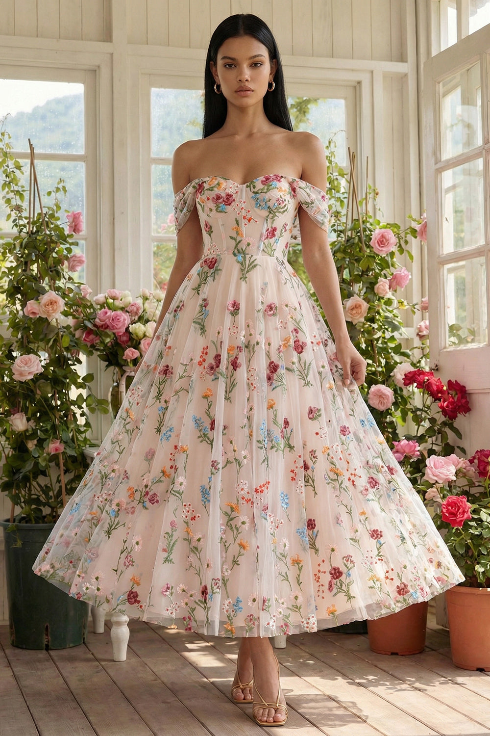 Floral Black Tulle Off the Shoulder A Line Long Formal Dress