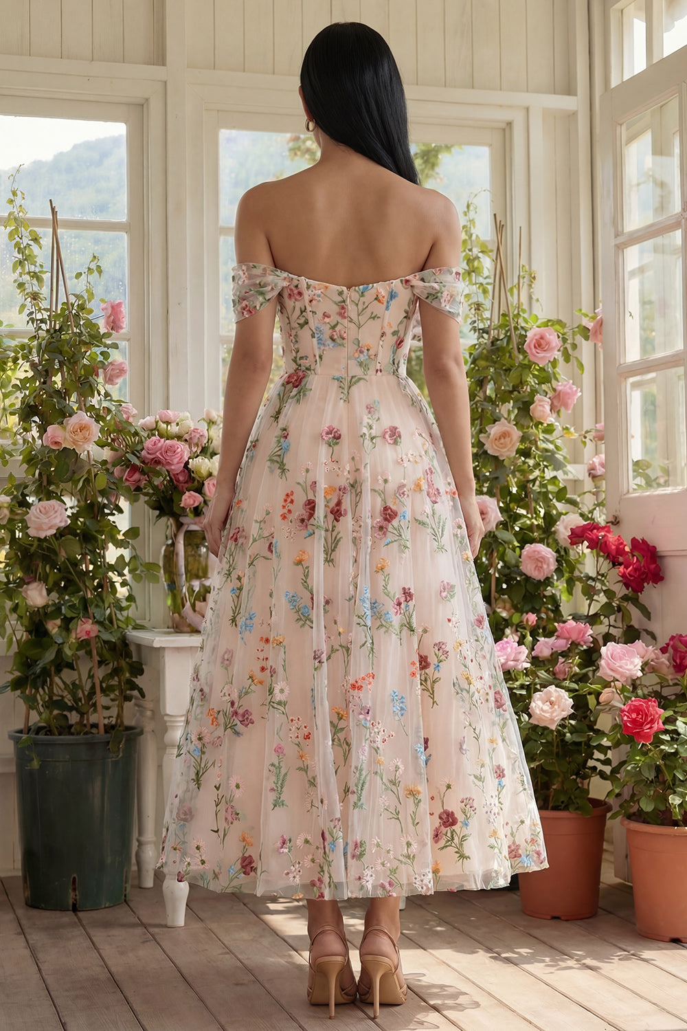 Floral Black Tulle Off the Shoulder A Line Long Formal Dress