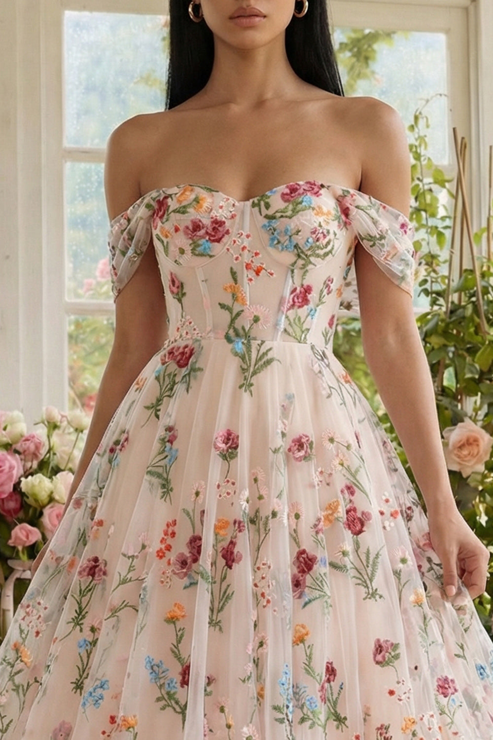 Floral Black Tulle Off the Shoulder A Line Long Formal Dress