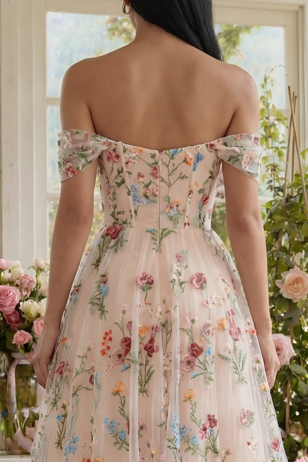 Floral Black Tulle Off the Shoulder A Line Long Formal Dress