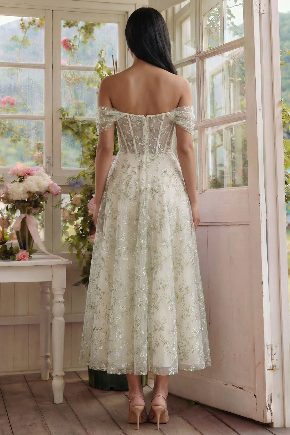 Light Green A Line Off the Shoulder Corset Long Floral Formal Dress