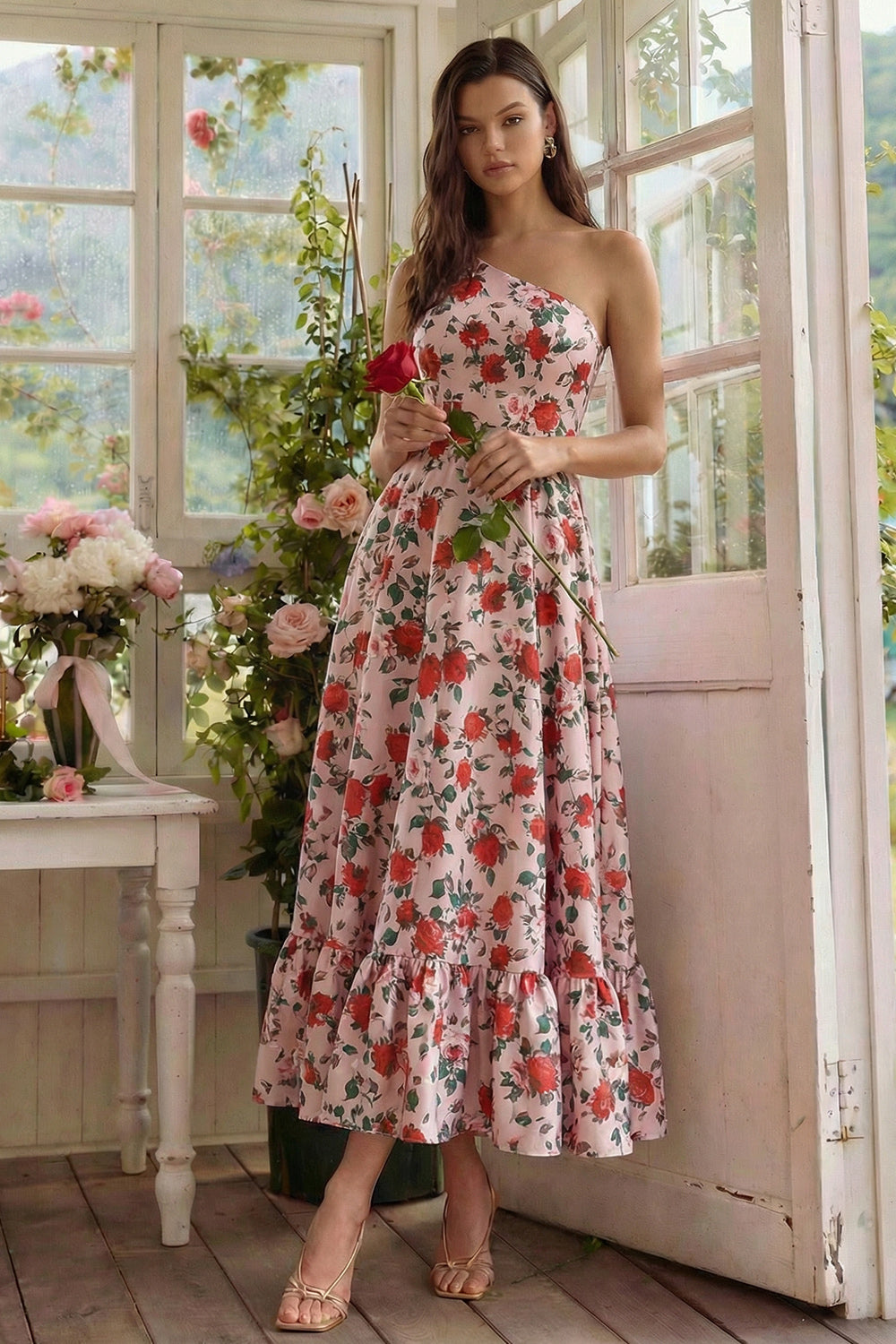 Floral Pink Red A Line One Shoulder Long Formal Dress