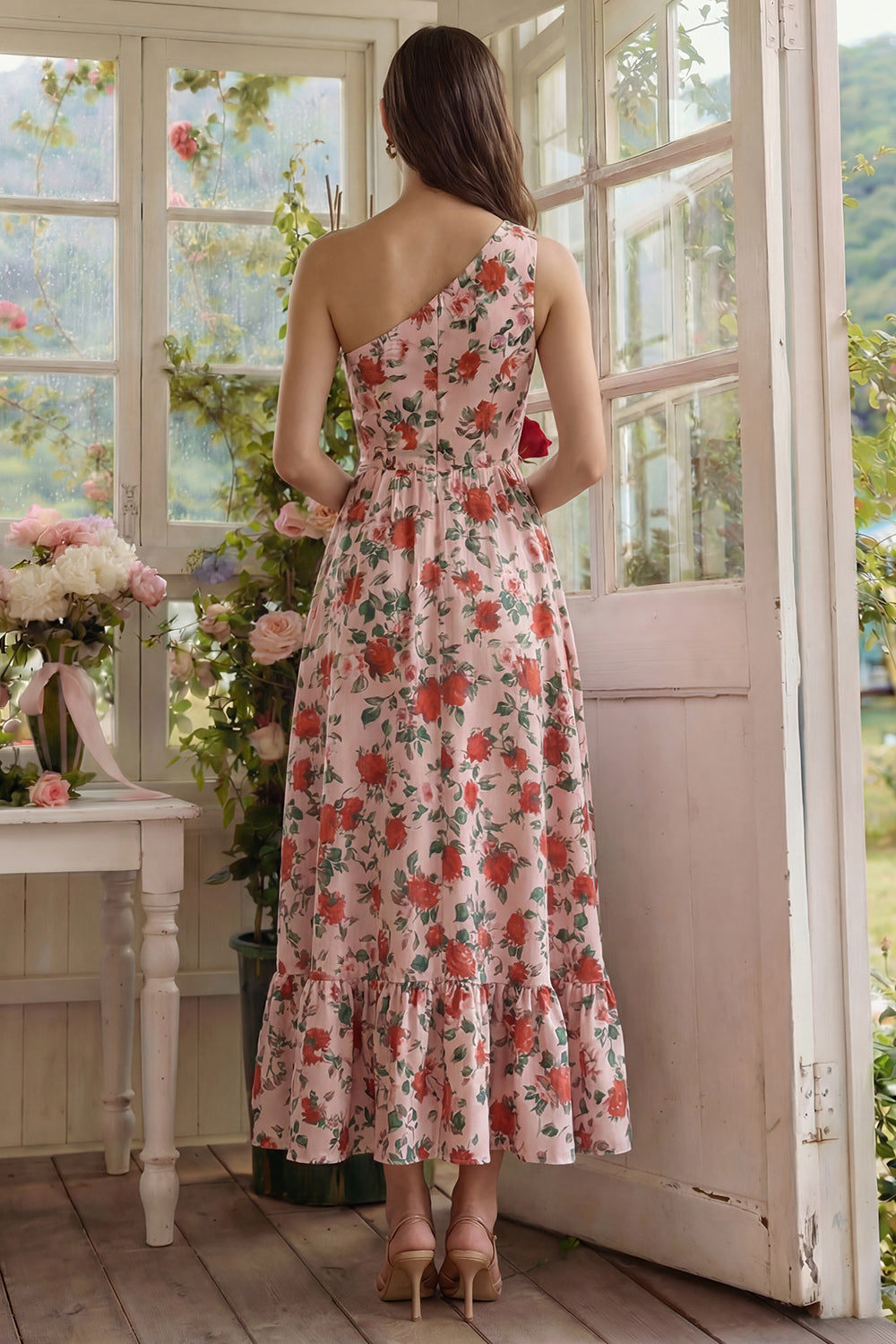 Floral Pink Red A Line One Shoulder Long Formal Dress