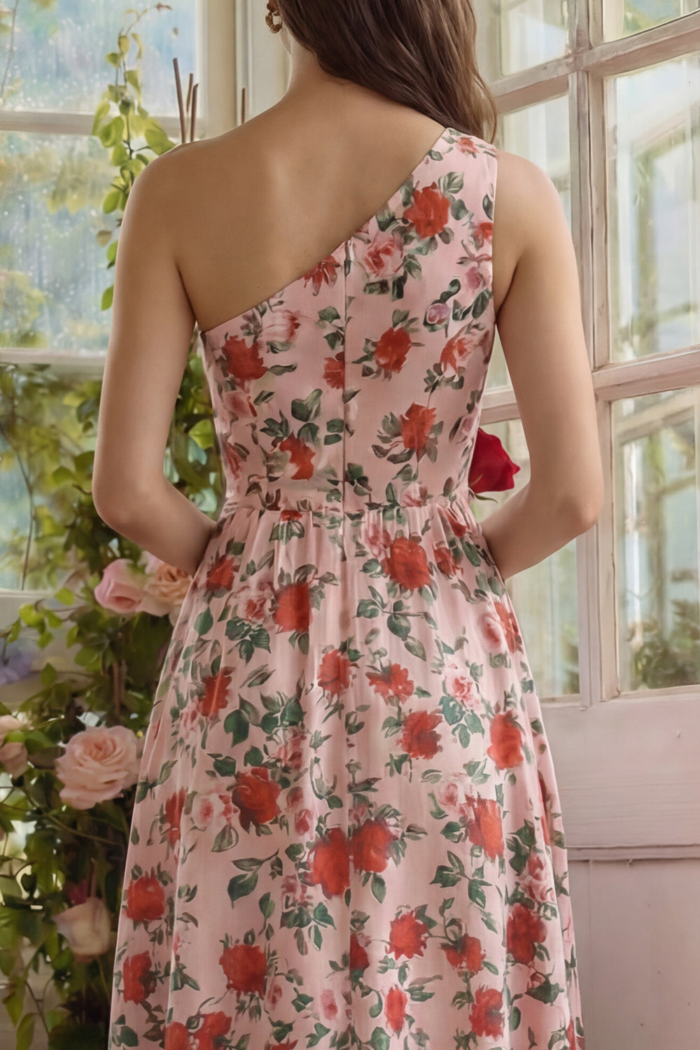 Floral Pink Red A Line One Shoulder Long Formal Dress