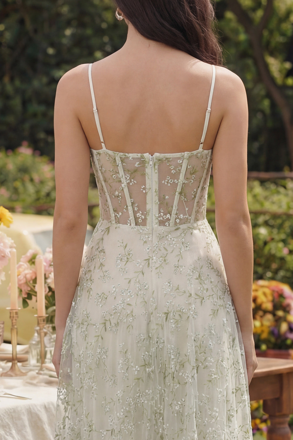 Floral Light Green Corset Spaghetti Straps A Line Long Formal Dress