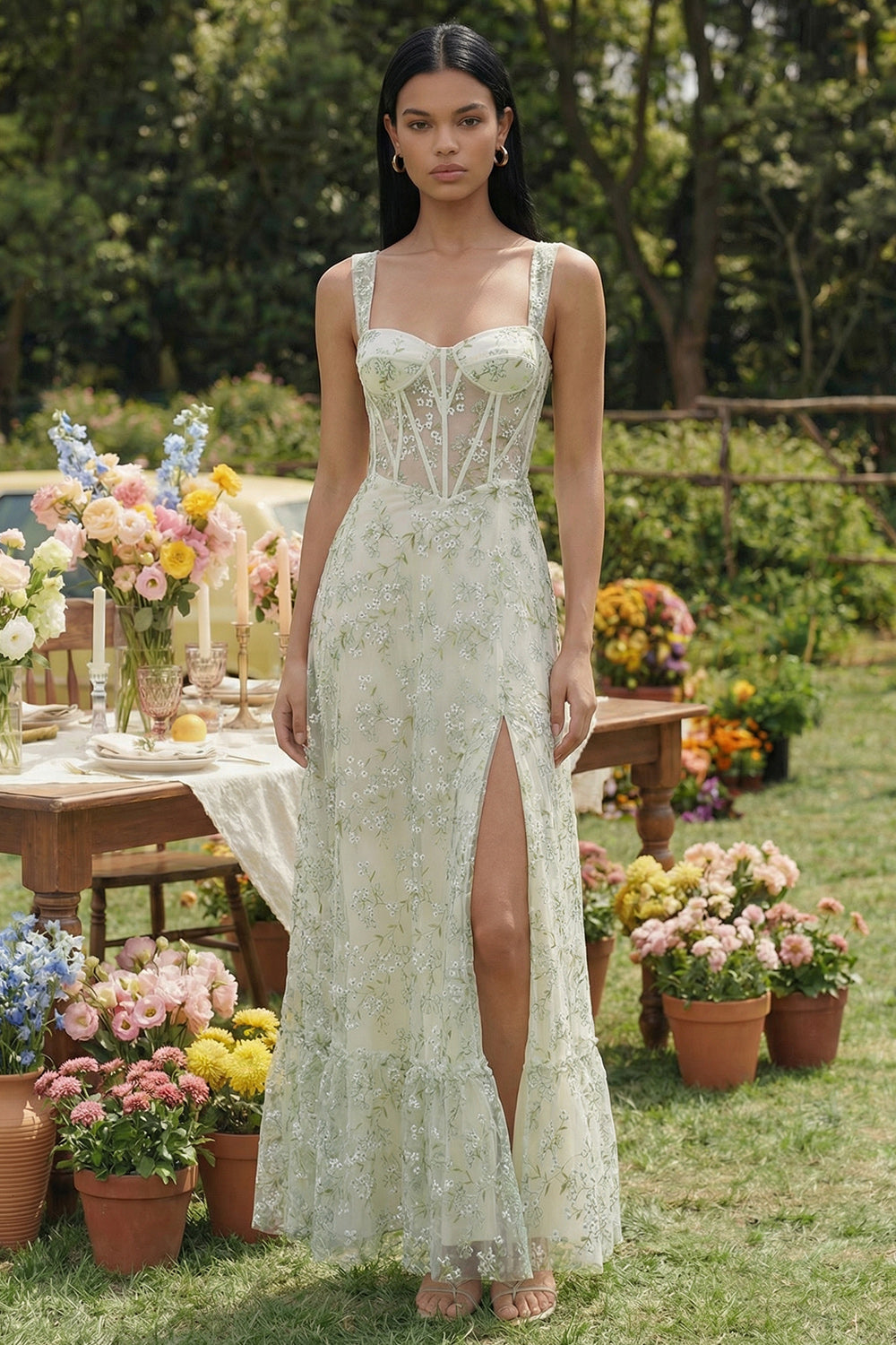 Light Green Floral A Line Long Corset Formal Dress with Slit