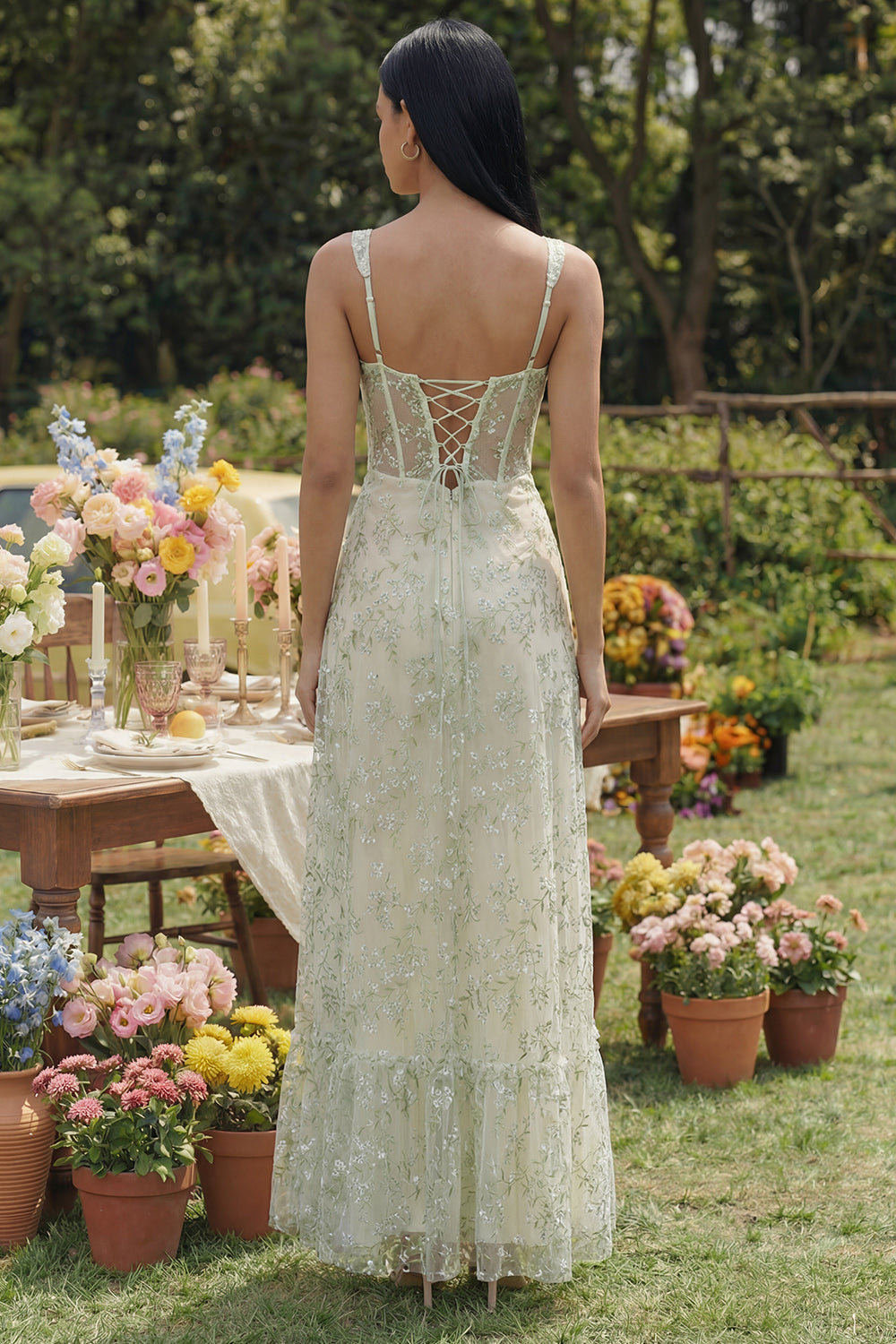 Light Green Floral A Line Long Corset Formal Dress with Slit