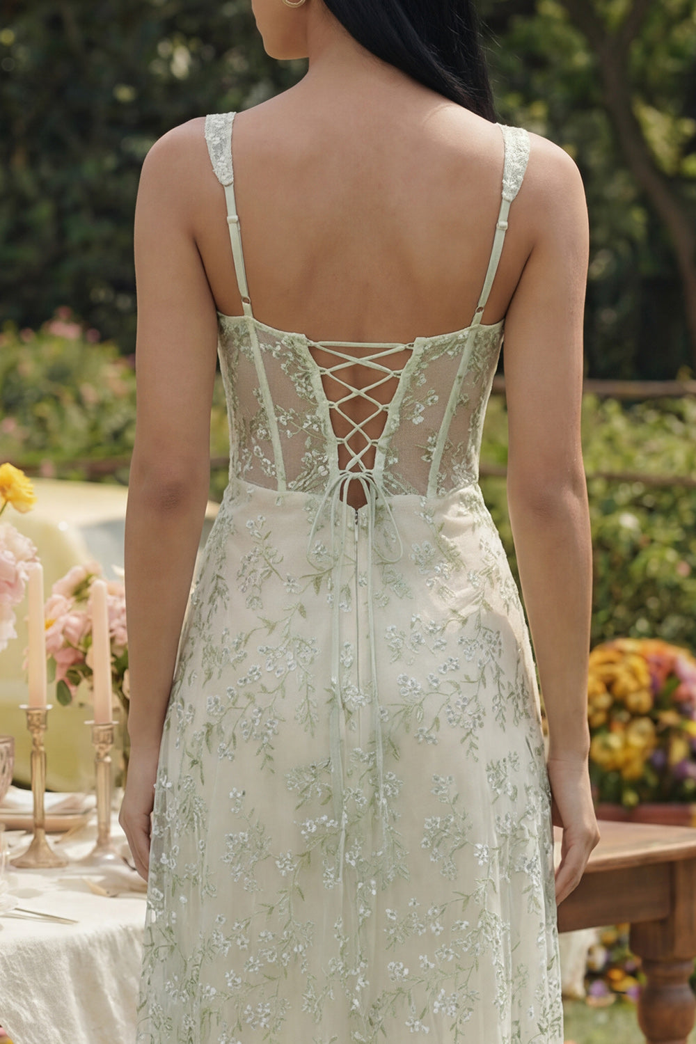 Light Green Floral A Line Long Corset Formal Dress with Slit