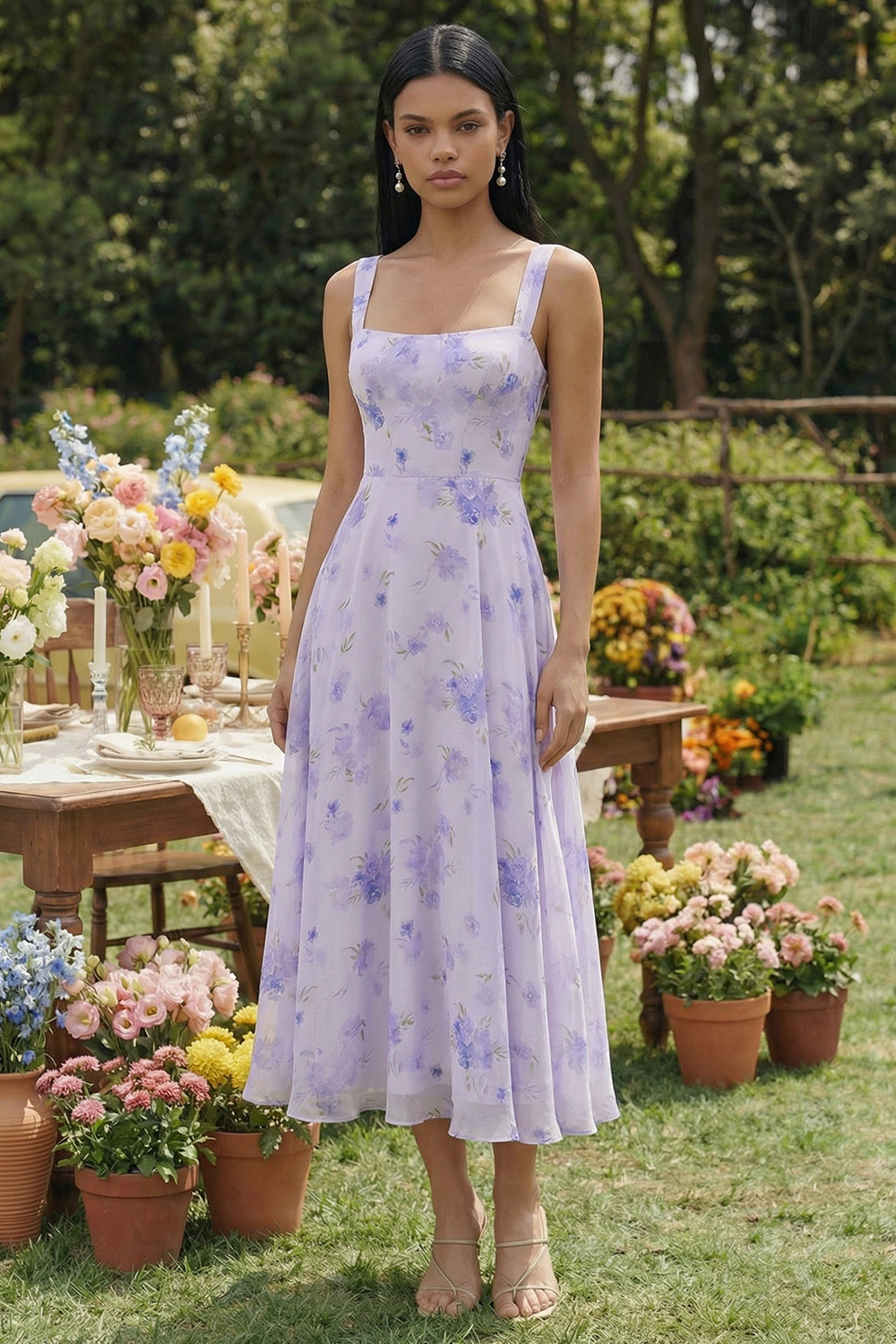 Floral Lilac Chiffon Square Neck A Line Long Formal Dress