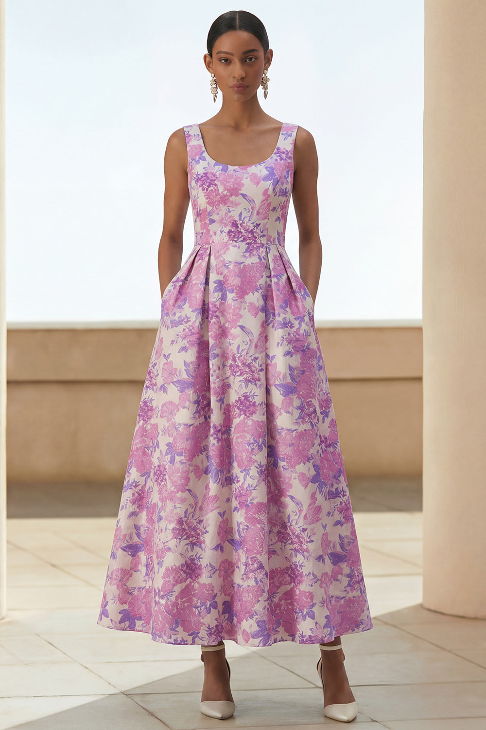 Floral Lilac Scoop Neck A Line Long Formal Dress with Pockets