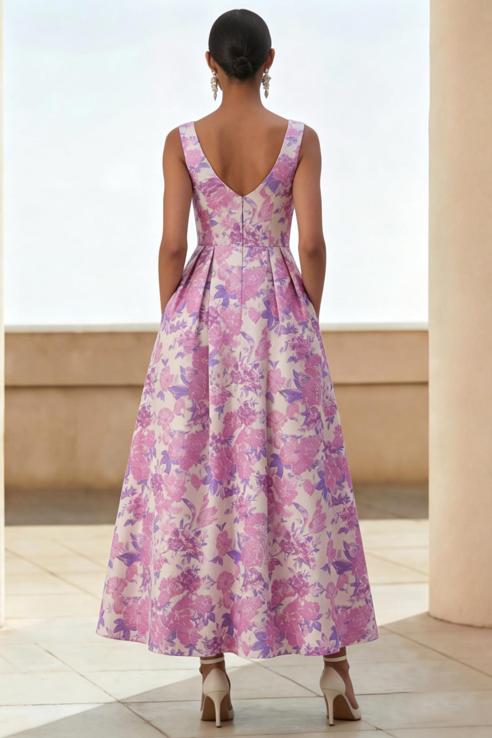 Floral Lilac Scoop Neck A Line Long Formal Dress with Pockets
