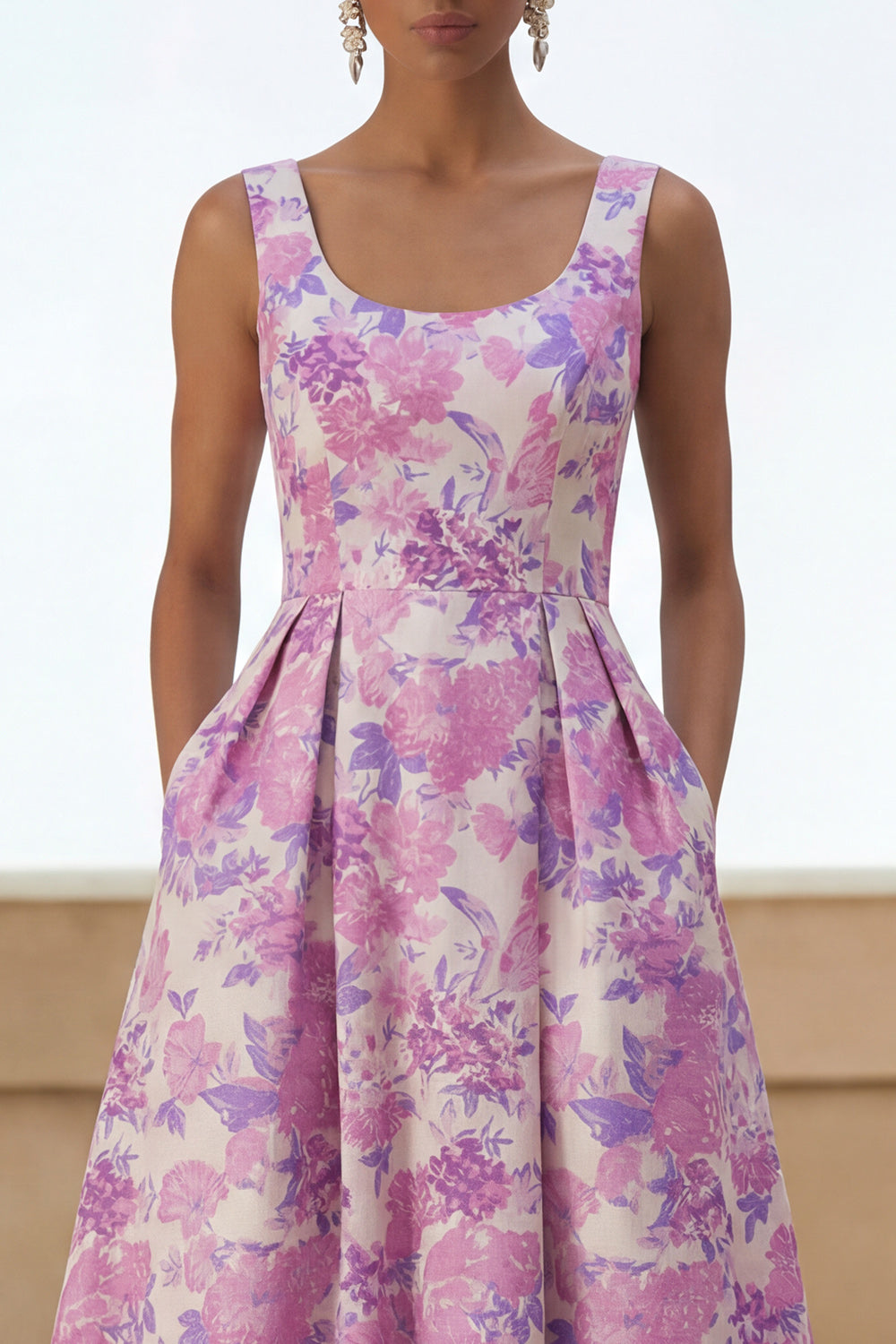 Floral Lilac Scoop Neck A Line Long Formal Dress with Pockets