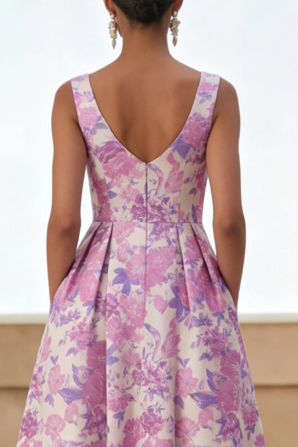 Floral Lilac Scoop Neck A Line Long Formal Dress with Pockets