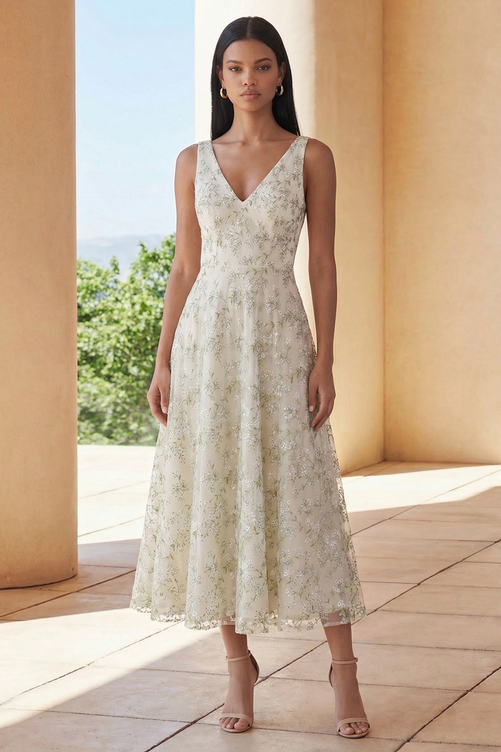 Floral Light Green V-Neck A Line Long Tulle Formal Dress