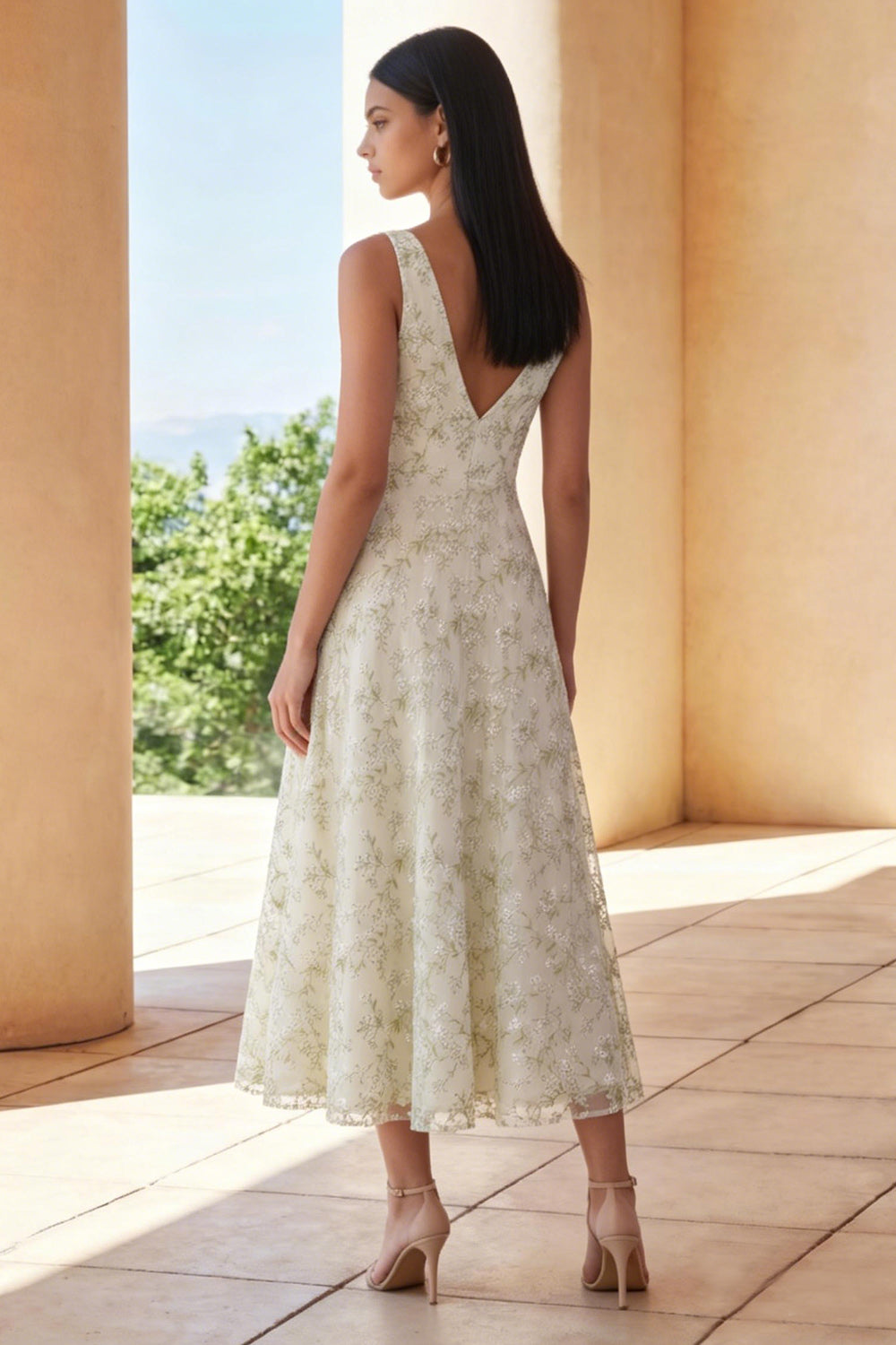 Floral Light Green V-Neck A Line Long Tulle Formal Dress