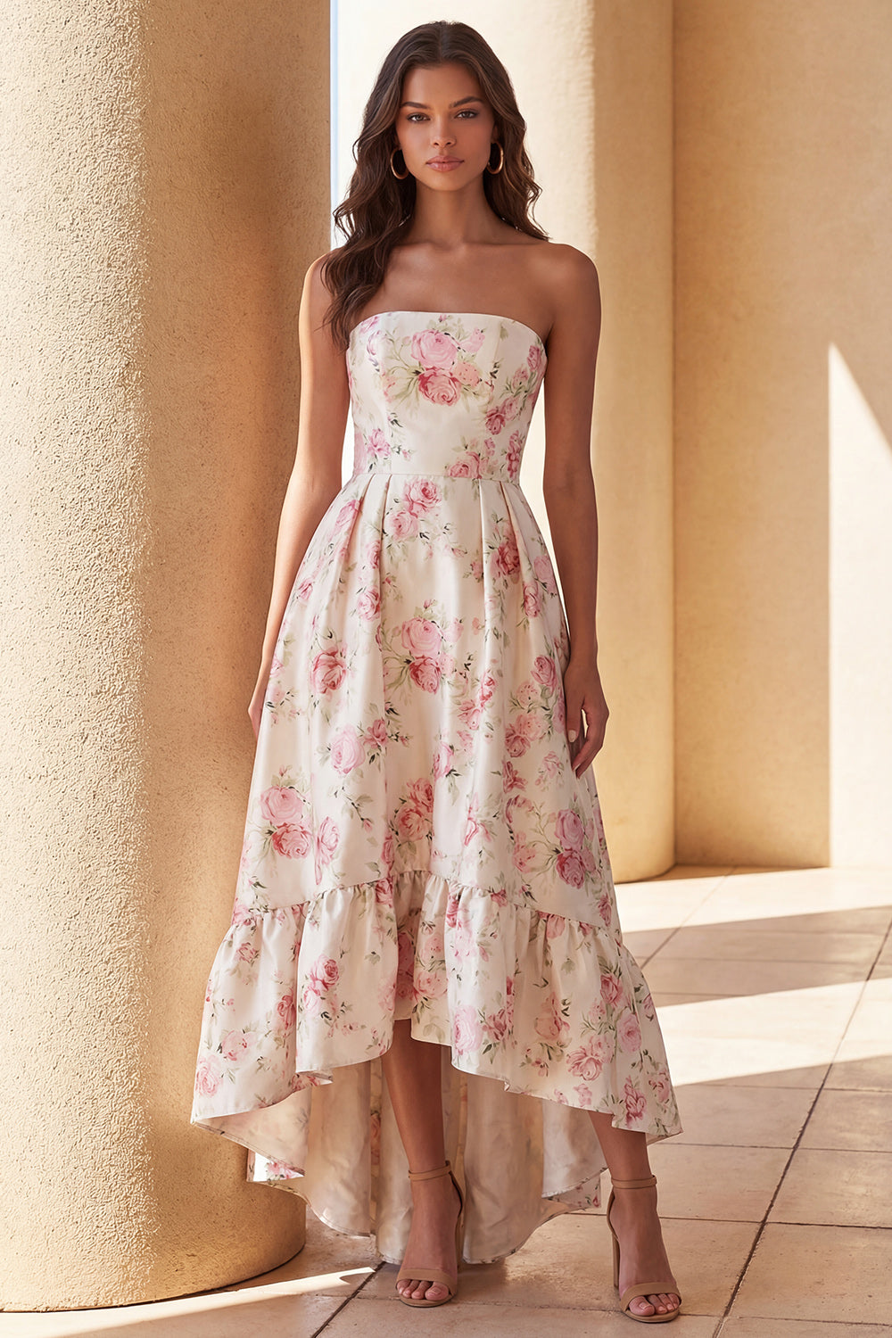 Floral White Pink Strapless A Line Satin High-Low Formal Dress