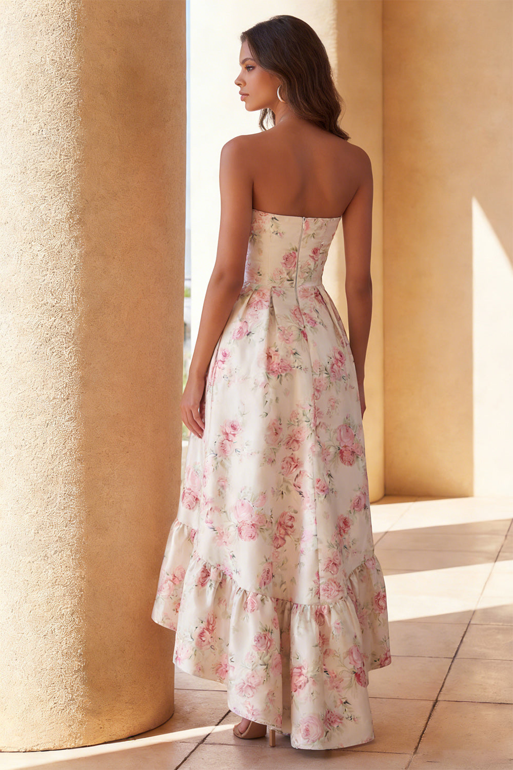 Floral White Pink Strapless A Line Satin High-Low Formal Dress