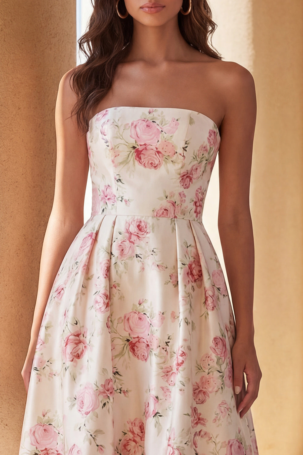 Floral White Pink Strapless A Line Satin High-Low Formal Dress