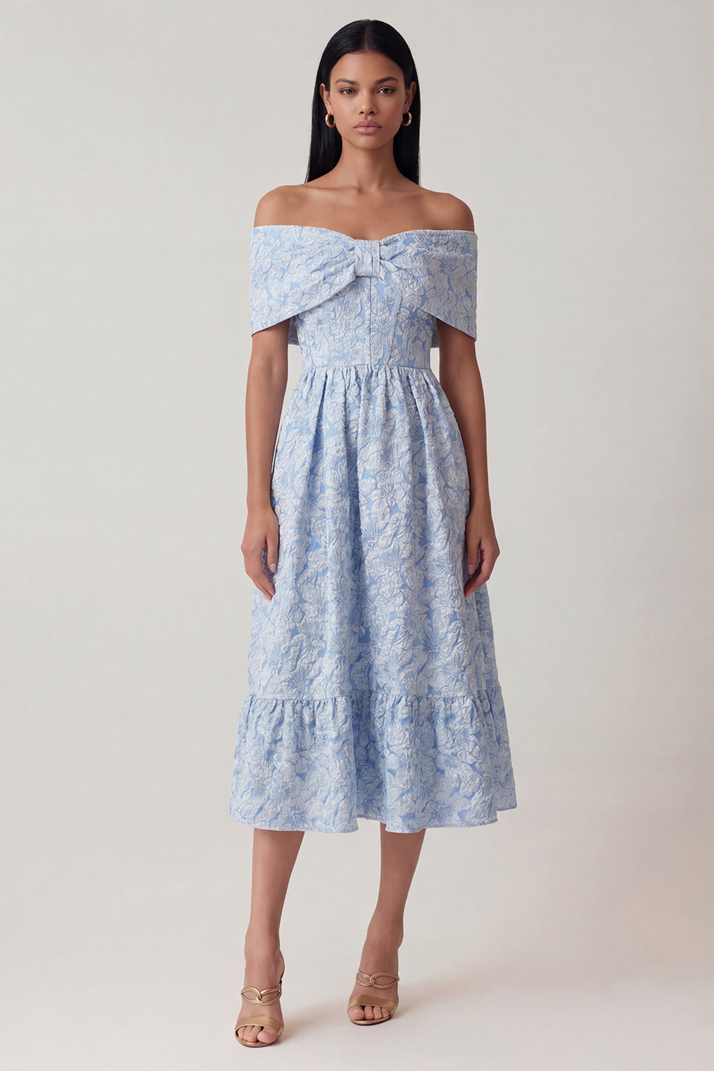 Elegant Blue Off The Shoulder A Line Midi Floral Formal Dress with Bow